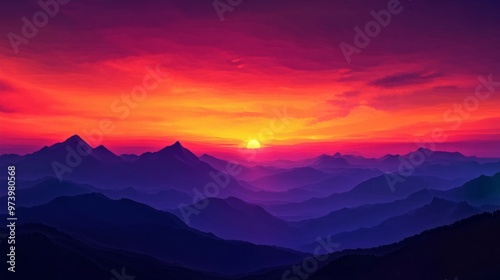 A breathtaking view of a sky ablaze with orange, red, and purple hues as the sun sets behind a silhouette of distant mountains.