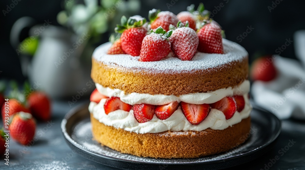A classic strawberry sponge cake with fluffy cream and strawberries between each layer, finished with a sprinkle of powdered sugar on top. A classic strawberry sponge cake with fluffy cream and strawberries between each layer, finished with a sprinkle of powdered sugar on top.