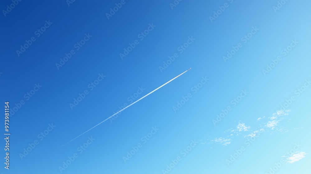 A cloudless, crisp blue sky during the day, with a single plane leaving a trail of white vapor as it flies overhead. A cloudless, crisp blue sky during the day, with a single plane leaving a trail of white vapor as it flies overhead.