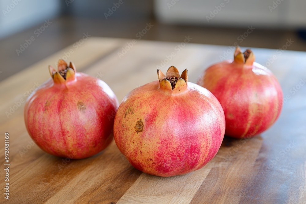 Three Ripe Pomegranates on Wooden Table Three Ripe Pomegranates on Wooden Table