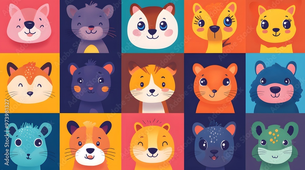 Colorful Cartoon Animal Faces in Grid Pattern Colorful Cartoon Animal Faces in Grid Pattern