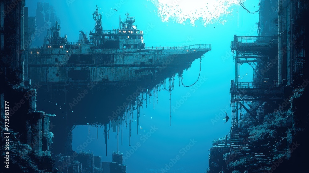 Pixelated Ocean Depths: 8-Bit Sunken Ship and Fish in Vintage Style Pixelated Ocean Depths: 8-Bit Sunken Ship and Fish in Vintage Style