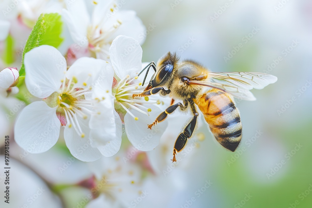 A close-up of a bee collecting pollen from a delicate white flower, showcasing the beauty of nature's pollination. A close-up of a bee collecting pollen from a delicate white flower, showcasing the beauty of nature's pollination.