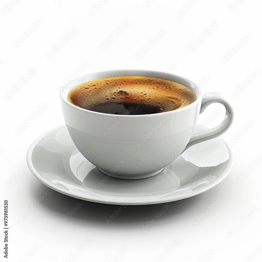 Aerial shot of a black coffee in a white cup and saucer, showing frothy bubbles on the surface of the drink. Aerial shot of a black coffee in a white cup and saucer, showing frothy bubbles on the surface of the drink.
