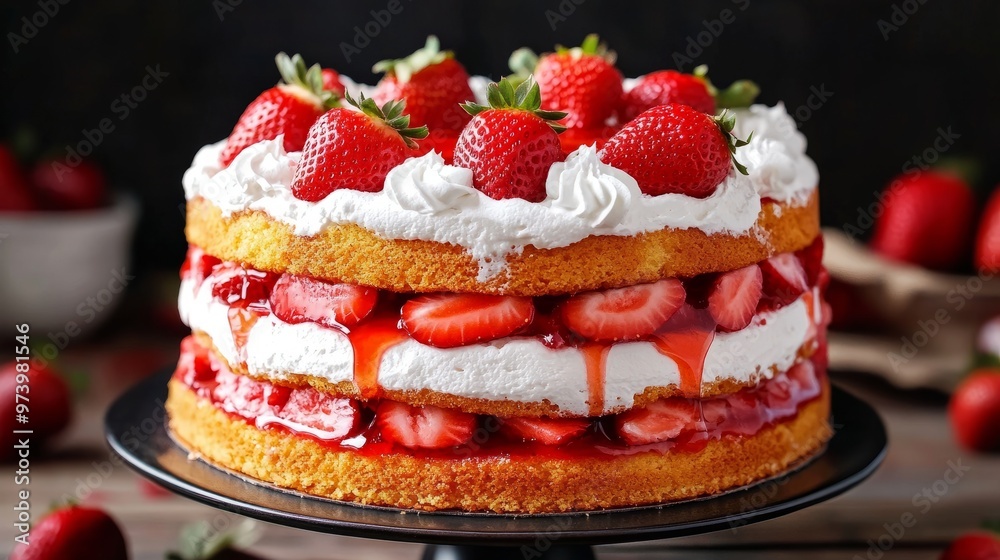 A delicious strawberry cake with layers of fluffy sponge and whipped cream, adorned with whole strawberries and a drizzle of strawberry syrup. A delicious strawberry cake with layers of fluffy sponge and whipped cream, adorned with whole strawberries and a drizzle of strawberry syrup.