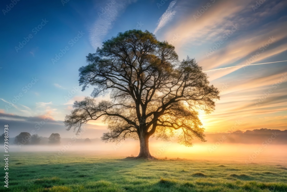 Fototapeta premium A strong, solitary tree stands upright amidst a serene, misty morning landscape, its branches stretching towards the