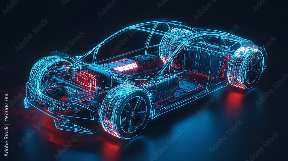 Naklejka premium a wireframe hologram of car with glowing blue lines forming intricate patterns around its iconic structure against an isolated dark background