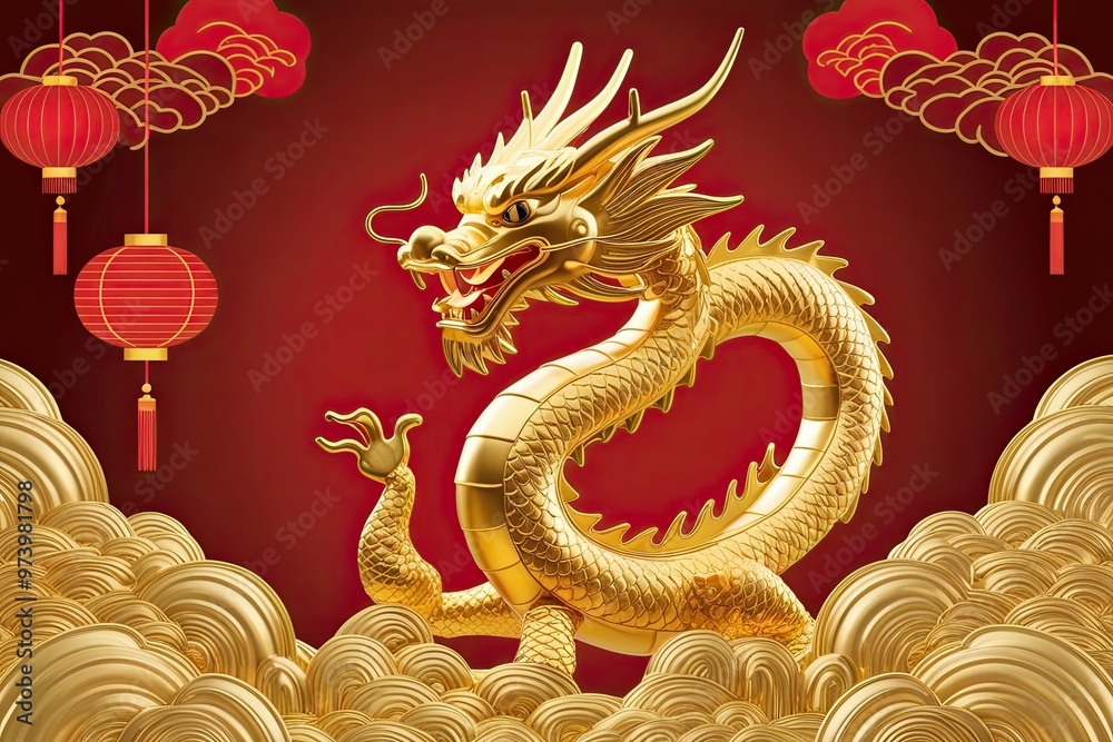 Obraz premium 3D Chinese Dragon Gold Illustration for 2024 Lunar New Year Celebration Background