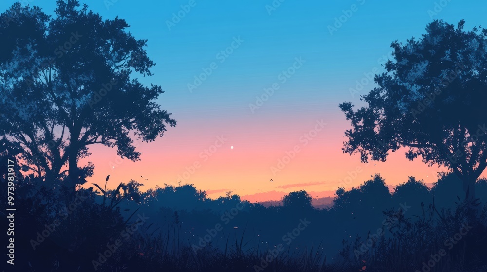 Naklejka premium A fading blue sky before dusk, with subtle hints of orange and pink on the horizon, and the silhouettes of trees gently swaying in the breeze.