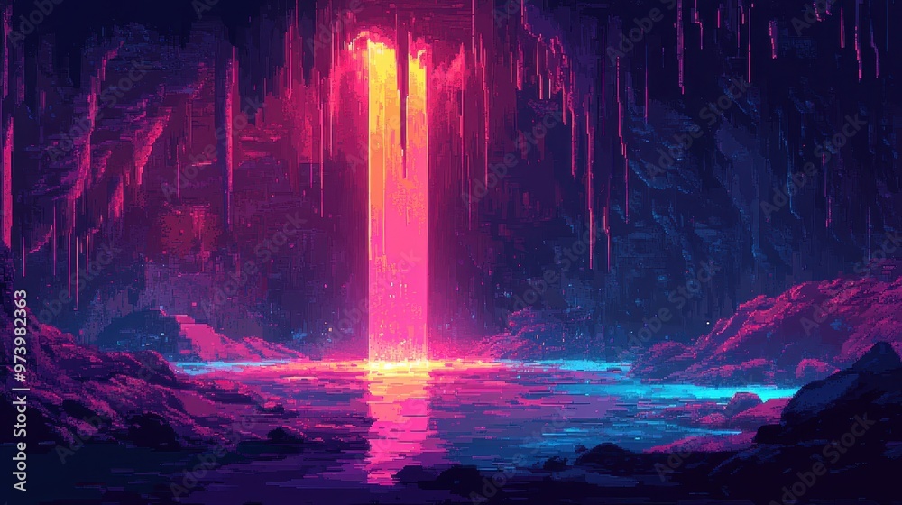 Obraz premium Retro Pixelated Cavern Exploration: 8-Bit Adventure with Glowing Pools and Stalactites in Dark Tones