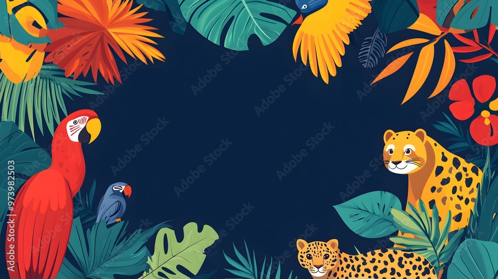 Tropical Jungle Scene with Parrot, Leopards, and Lush Foliage Tropical Jungle Scene with Parrot, Leopards, and Lush Foliage