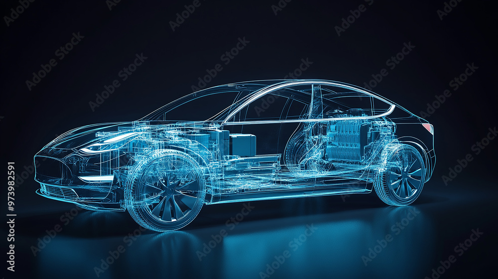 An electric car with an illuminated transparent blue body An electric car with an illuminated transparent blue body