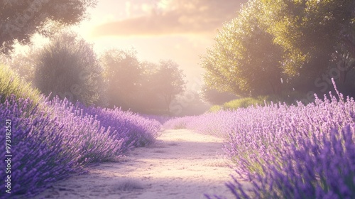 A lush roadside filled with lavender flowers and tall grasses, the soft hues of purple creating a peaceful, calming atmosphere.