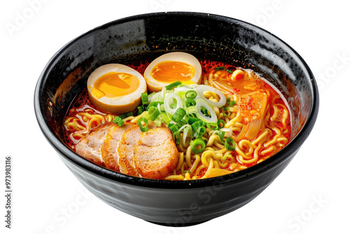 Ramen noodles with boiled eggs in black bowl isolated on transparent white background, clipping path