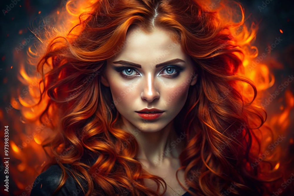 Fototapeta premium A stunning portrait of a beautiful, fiery-haired woman with an intense gaze, conveying a sense of passion, fierce