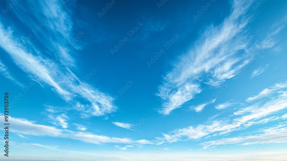 A panoramic view of a brilliant blue sky with a few wispy cirrus clouds, the vast expanse creating a peaceful, open feeling. A panoramic view of a brilliant blue sky with a few wispy cirrus clouds, the vast expanse creating a peaceful, open feeling.