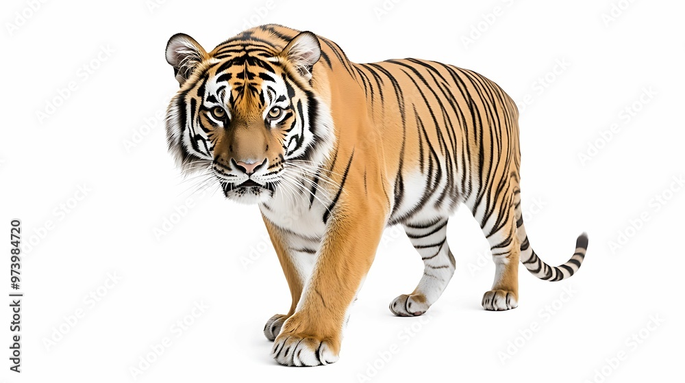 Obraz premium Majestic Bengal Tiger in Dense Jungle Captured with Sony Alpha A7 III for Clarity and Detail on White Background
