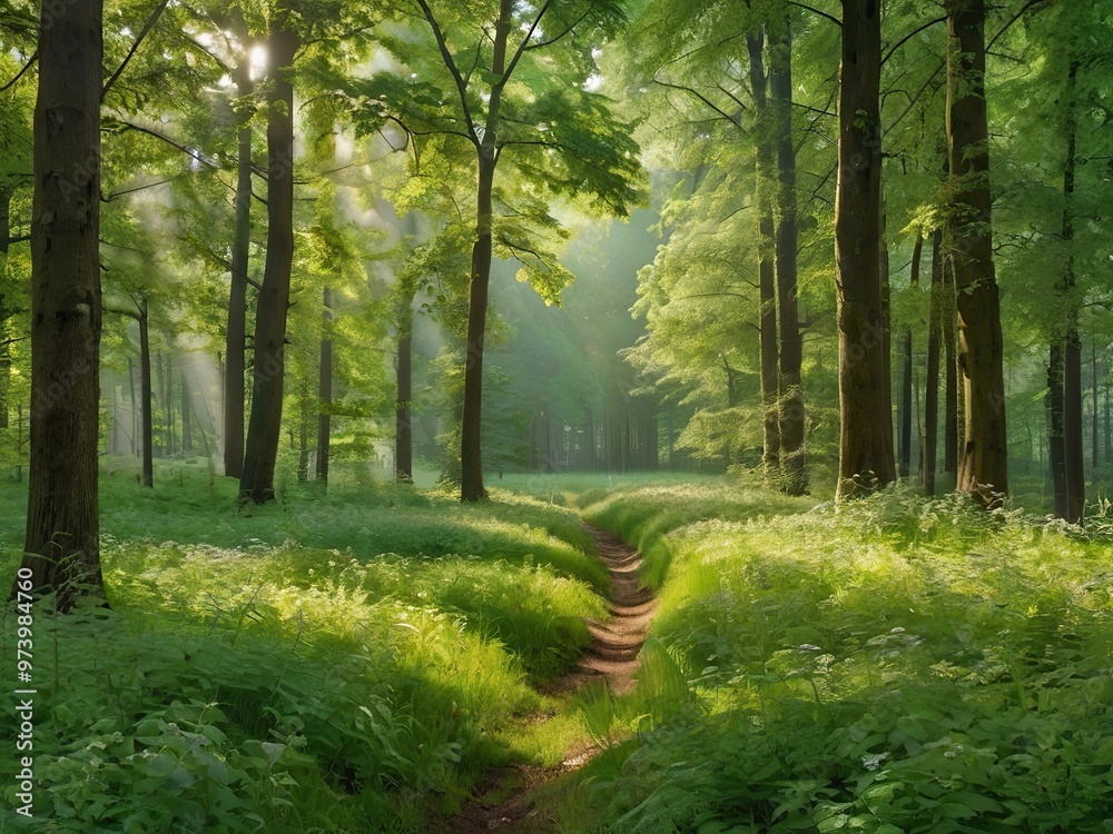 Obraz premium Sunny forest landscape with soft rays of light streaming through the green tree crowns