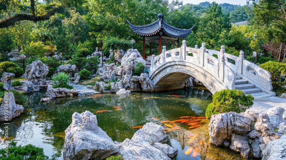 Fototapeta premium A serene garden scene featuring a traditional bridge, lush greenery, tranquil water, and vibrant koi fish in a peaceful setting.