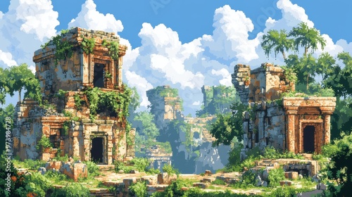 Pixelated Jungle Ruins - Retro Adventure with Overgrown Vines and Hidden Treasure in Earthy Tones