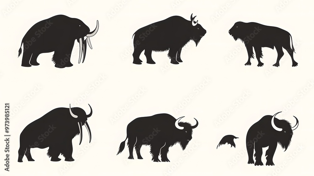 Black Silhouettes of Bison and Woolly Mammoth Black Silhouettes of Bison and Woolly Mammoth
