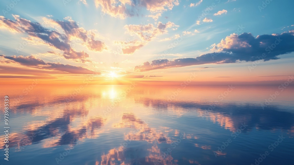 Naklejka premium A serene sunset over calm waters with golden and pink hues reflecting in the sky, clouds scattering across the horizon.