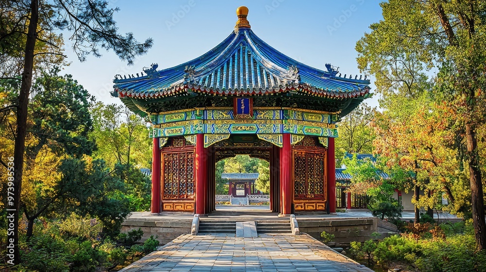 A serene pavilion surrounded by lush trees, showcasing traditional architecture and colorful details in a tranquil setting. A serene pavilion surrounded by lush trees, showcasing traditional architecture and colorful details in a tranquil setting.
