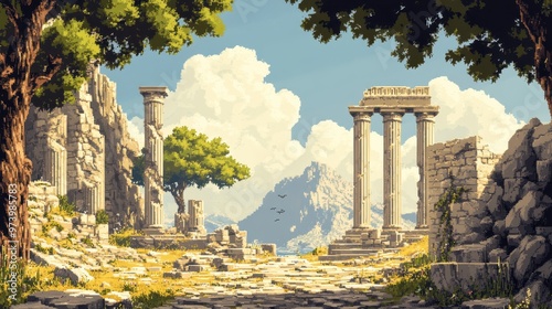 Pixelated Ancient Greek Ruins: 16-Bit Retro Historical Vibes with Minimalist Design in Warm Tones