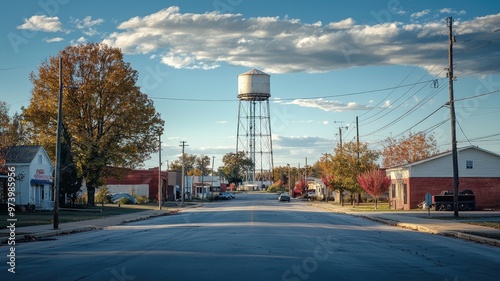 A serene small town scene featuring a vintage water tower surrounded by colorful autumn trees and quiet streets under a clear sky.