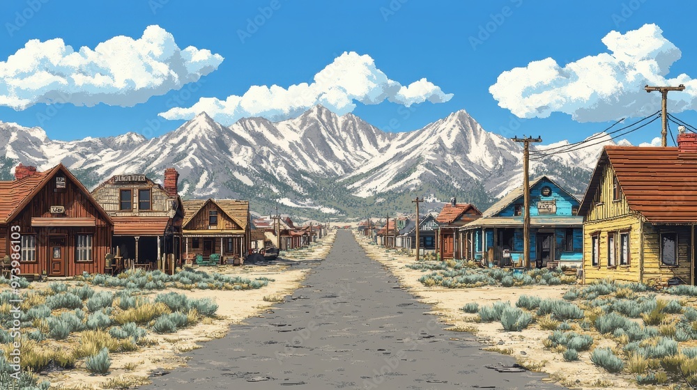 Retro 8-Bit Desert Townscape with Pixelated Houses, Dusty Streets, and Vintage Western Vibes under Warm Tones and Minimalist Design with Distant Mountains View Retro 8-Bit Desert Townscape with Pixelated Houses, Dusty Streets, and Vintage Western Vibes under Warm Tones and Minimalist Design with Distant Mountains View