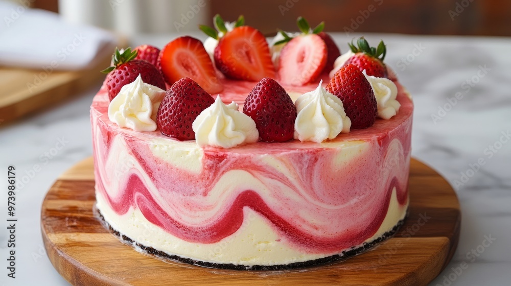 A strawberry swirl cake with a marble effect of vanilla and strawberry, topped with a layer of strawberries and whipped cream. A strawberry swirl cake with a marble effect of vanilla and strawberry, topped with a layer of strawberries and whipped cream.