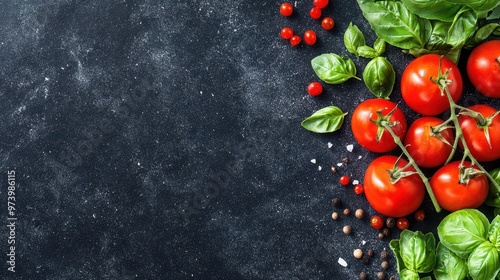 Fresh vine tomatoes with green basil leaves on a dark textured background. Concept of organic ingredients and healthy cooking.