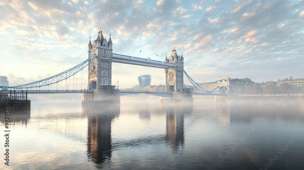 Obraz premium A serene view of Tower Bridge in London, shrouded in morning mist, reflecting beautifully in the calm waters below.