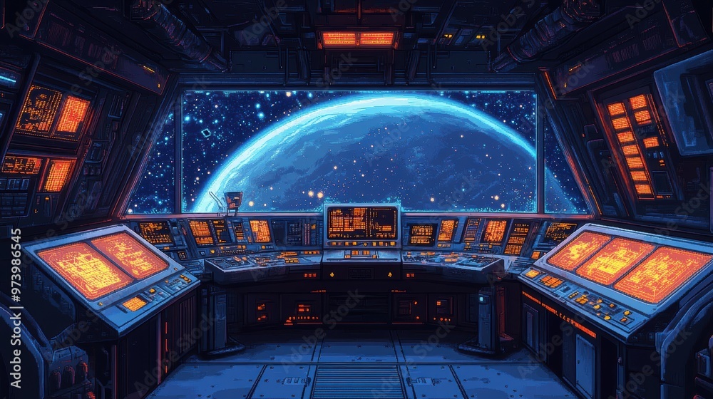 Obraz premium Retro Sci-Fi Space Station Control Room with 16-Bit Pixelated Screens and Glowing Panels in Dark Tones
