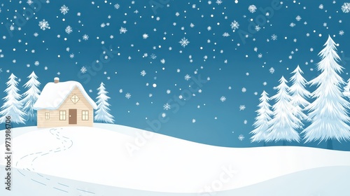 Charming winter night scene with a cozy cabin, snow-covered landscape, and twinkling stars in the sky. Magical Christmas season concept.