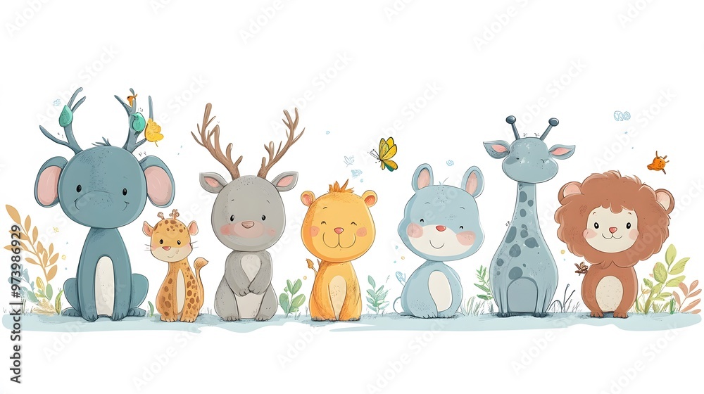 Obraz premium A Row of Adorable Cartoon Animals Sitting Together