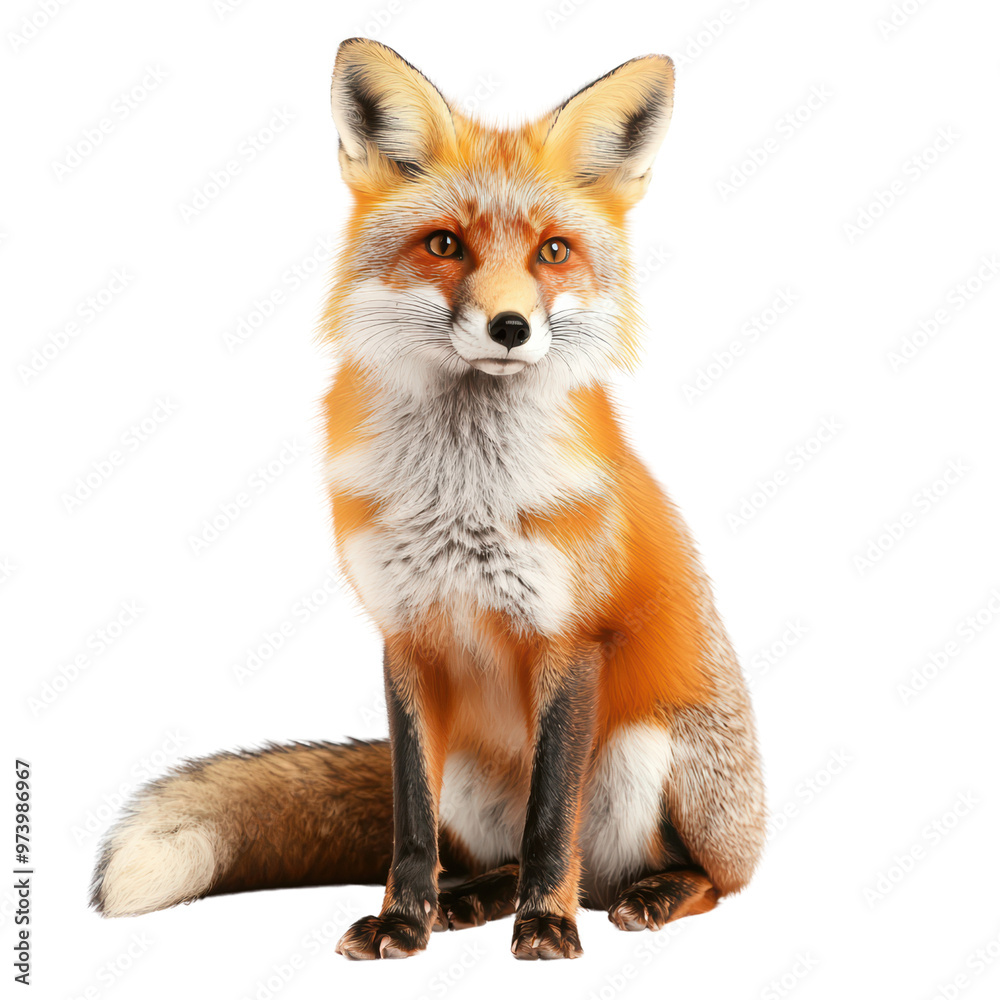 Fototapeta premium Majestic Red Fox Sitting Gracefully with Fluffy Tail and Alert Expression on Background