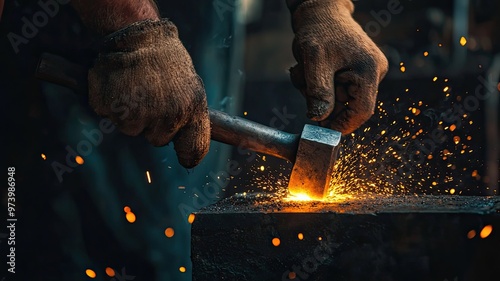 A skilled blacksmith hammers heated metal, creating sparks and showcasing craftsmanship in a dimly lit workshop. photo