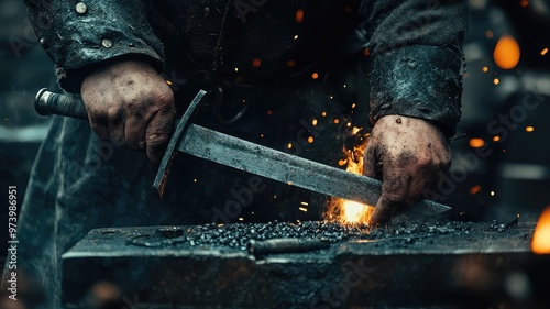 A skilled artisan forges a sword in a fiery workshop, sparks flying as metal meets anvil, showcasing the art of blacksmithing. photo