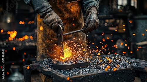 A skilled blacksmith shapes metal, creating sparks in a vibrant workshop, showcasing the art of traditional metalwork. photo