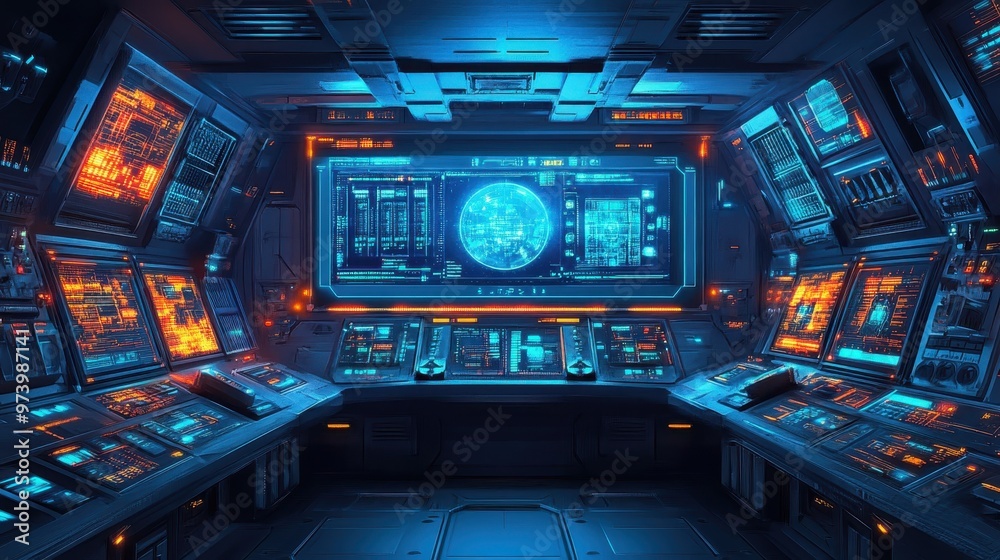 Pixelated Futuristic Control Center with Robotic Arms and Holographic Screens in Retro Sci-Fi Atmosphere Pixelated Futuristic Control Center with Robotic Arms and Holographic Screens in Retro Sci-Fi Atmosphere