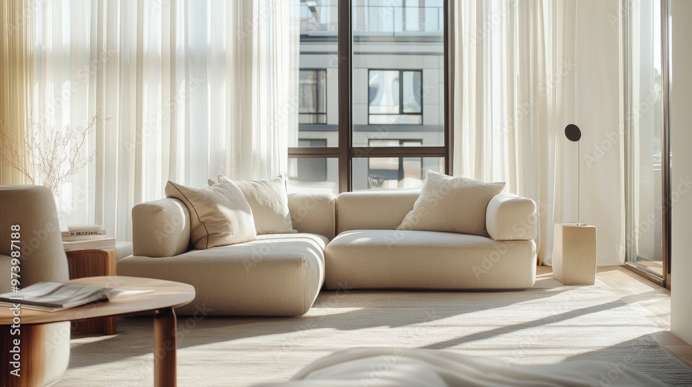 Bright and airy living room with a neutral color palette, featuring designer furniture, large windows, and soft, plush textiles. Bright and airy living room with a neutral color palette, featuring designer furniture, large windows, and soft, plush textiles.