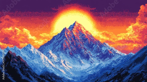 Retro Snowy Mountain Landscape with Pixel Art Peaks - Minimalistic Design with Copy Space for Text