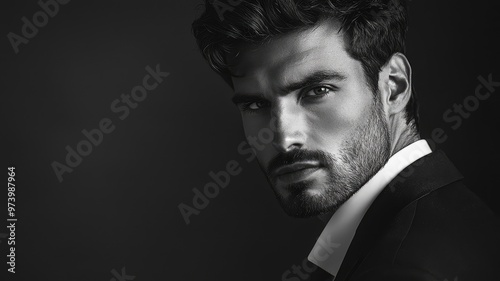 A striking black and white portrait of a handsome man in a suit, exuding confidence and sophistication.