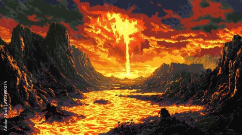 Retro Pixel Art Volcanic Lair Scene with Lava Flows and Copy Space in Surreal Overlay Technique