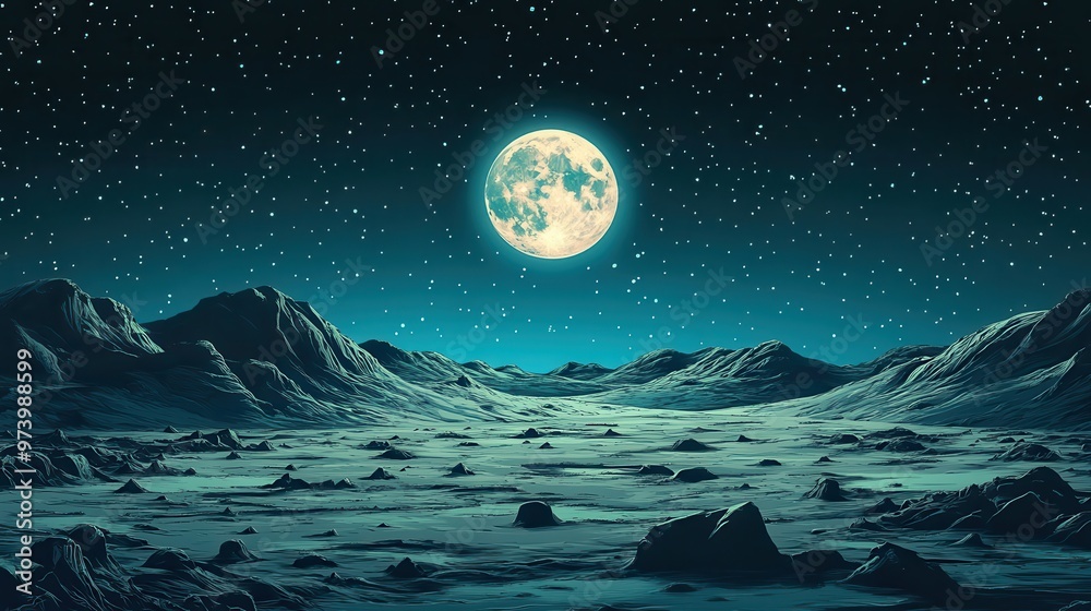 Futuristic Pixel Art Landscape of Barren Moon Surface with Craters in Silhouette Style for Copy Space Futuristic Pixel Art Landscape of Barren Moon Surface with Craters in Silhouette Style for Copy Space