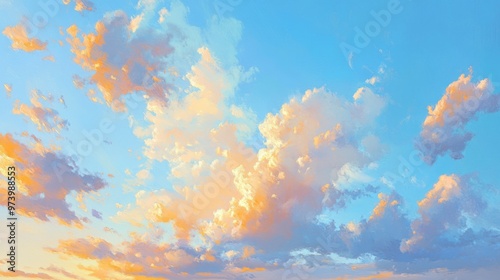 Golden hour sky with soft, warm light illuminating scattered clouds, a perfect balance of blue and orange tones.