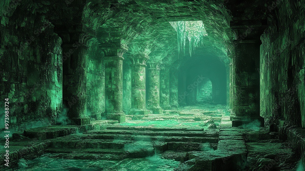 Fototapeta premium Pixelated Underground Dungeon with Vibrant Blend Mode Effect and Copy Space