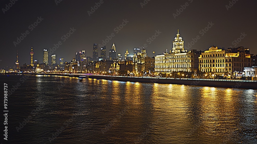 A stunning night view of a city's skyline reflecting lights on the water. Perfect for showcasing urban beauty and architecture. A stunning night view of a city's skyline reflecting lights on the water. Perfect for showcasing urban beauty and architecture.
