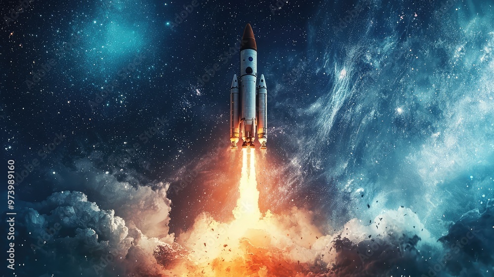 A stunning rocket launch into the vastness of space, showcasing the powerful propulsion against a cosmic backdrop. A stunning rocket launch into the vastness of space, showcasing the powerful propulsion against a cosmic backdrop.